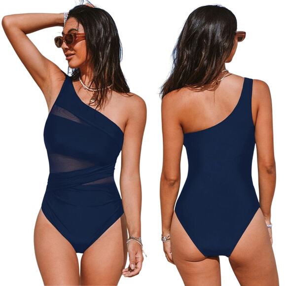 Cupshe Womens Navy Blue One Shoulder Tummy Control Mesh One Piece Swimsuit Large - Picture 2 of 6